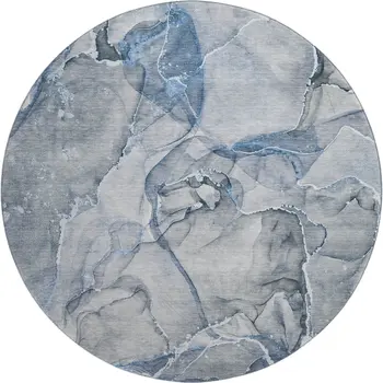 8' Blue And Ivory Abstract Washable Round Rug With UV Protection