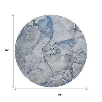 8' Blue And Ivory Abstract Washable Round Rug With UV Protection