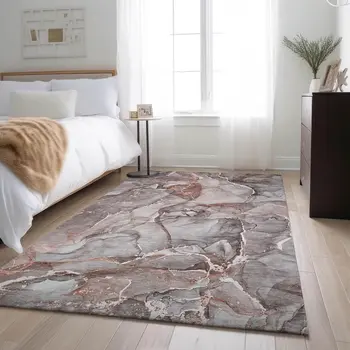 8' X 10' Gray And Ivory Abstract Washable Area Rug With UV Protection