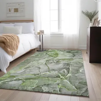 5' X 8' Green And Ivory Abstract Washable Area Rug With UV Protection