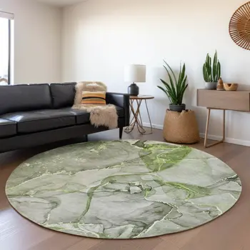 8' Green And Ivory Abstract Washable Round Rug With UV Protection