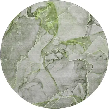 8' Green And Ivory Abstract Washable Round Rug With UV Protection