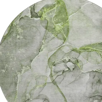 8' Green And Ivory Abstract Washable Round Rug With UV Protection