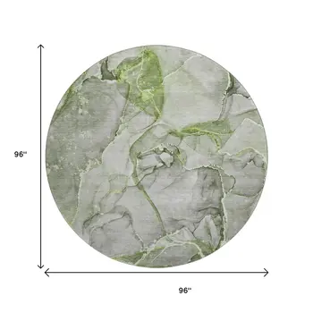 8' Green And Ivory Abstract Washable Round Rug With UV Protection