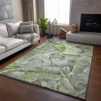 9' X 12' Green And Ivory Abstract Washable Area Rug With UV Protection
