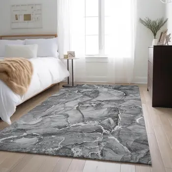 3' X 5' Pewter And Ivory Abstract Washable Area Rug With UV Protection