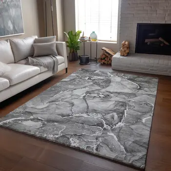 3' X 5' Pewter And Ivory Abstract Washable Area Rug With UV Protection