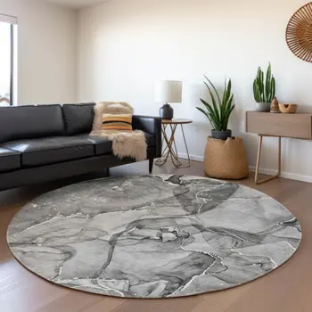 8' Pewter And Ivory Abstract Washable Round Rug With UV Protection