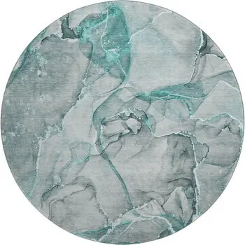 8' Teal And Ivory Abstract Washable Round Rug With UV Protection