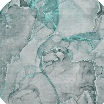 8' Teal And Ivory Abstract Washable Round Rug With UV Protection