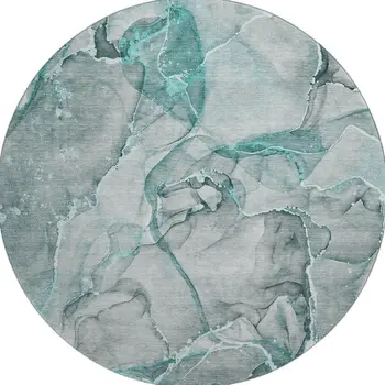 8' Teal And Ivory Abstract Washable Round Rug With UV Protection