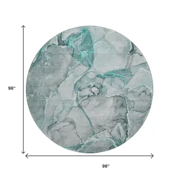8' Teal And Ivory Abstract Washable Round Rug With UV Protection