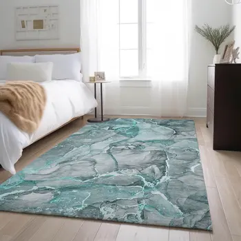 10' X 14' Teal And Ivory Abstract Washable Area Rug With UV Protection