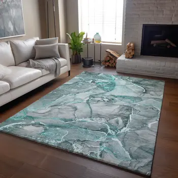 10' X 14' Teal And Ivory Abstract Washable Area Rug With UV Protection