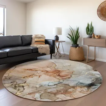 8' Beige Gray And Ivory Abstract Washable Round Rug With UV Protection