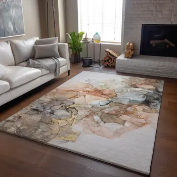8' X 10' Beige Gray And Ivory Abstract Washable Area Rug With UV Protection
