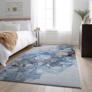 5' X 8' Blue Gray And Ivory Abstract Washable Area Rug With UV Protection