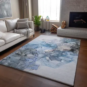 9' X 12' Blue Gray And Ivory Abstract Washable Area Rug With UV Protection
