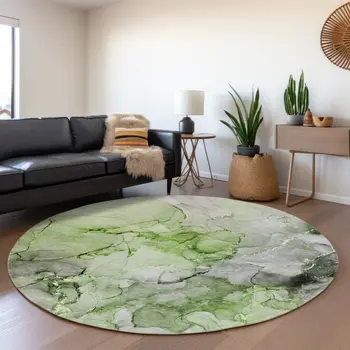 8' Green Gray And Ivory Abstract Washable Round Rug With UV Protection