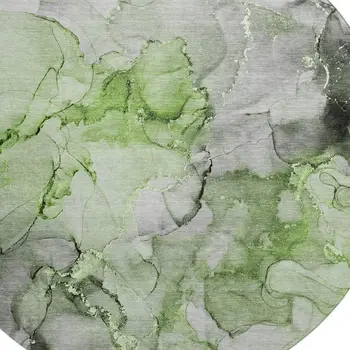 8' Green Gray And Ivory Abstract Washable Round Rug With UV Protection