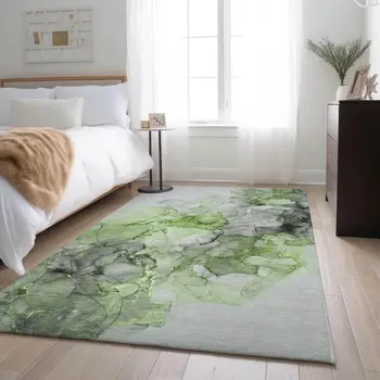 8' X 10' Green Gray And Ivory Abstract Washable Area Rug With UV Protection