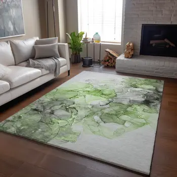 8' X 10' Green Gray And Ivory Abstract Washable Area Rug With UV Protection