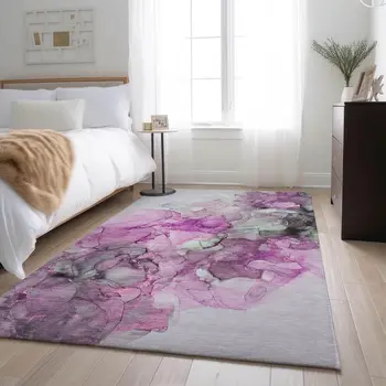 3' X 5' Pink Gray And Ivory Abstract Washable Area Rug With UV Protection