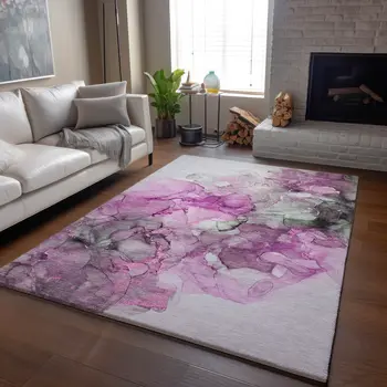 3' X 5' Pink Gray And Ivory Abstract Washable Area Rug With UV Protection