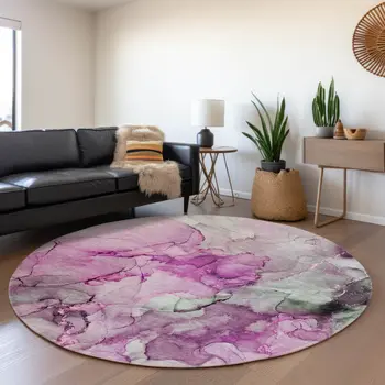 8' Pink Gray And Ivory Abstract Washable Round Rug With UV Protection