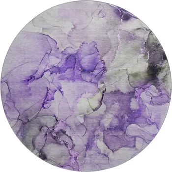 8' Purple Gray And Ivory Abstract Washable Round Rug With UV Protection