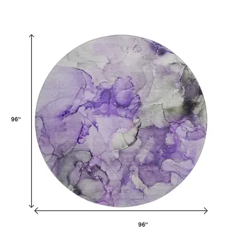 8' Purple Gray And Ivory Abstract Washable Round Rug With UV Protection
