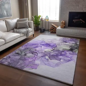 10' X 14' Purple Gray And Ivory Abstract Washable Area Rug With UV Protection