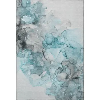 3' X 5' Teal Gray And Ivory Abstract Washable Area Rug With UV Protection