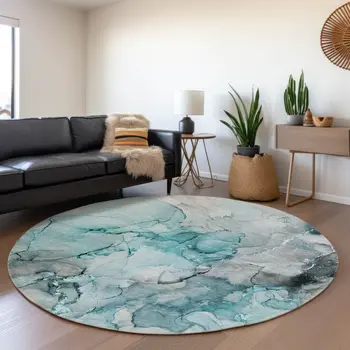 8' Teal Gray And Ivory Abstract Washable Round Rug With UV Protection