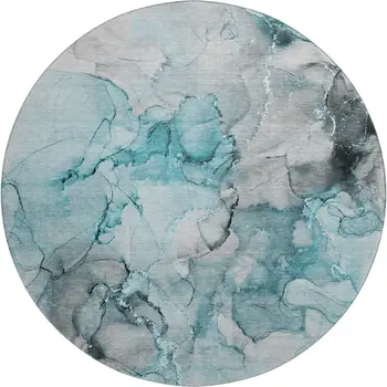 8' Teal Gray And Ivory Abstract Washable Round Rug With UV Protection