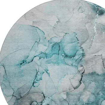 8' Teal Gray And Ivory Abstract Washable Round Rug With UV Protection