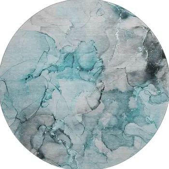 8' Teal Gray And Ivory Abstract Washable Round Rug With UV Protection