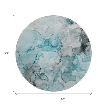 8' Teal Gray And Ivory Abstract Washable Round Rug With UV Protection