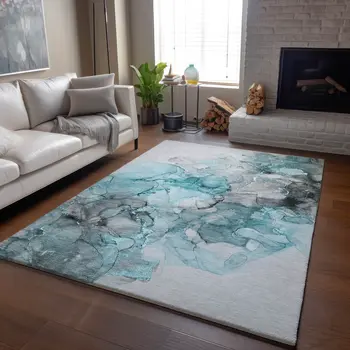 8' X 10' Teal Gray And Ivory Abstract Washable Area Rug With UV Protection