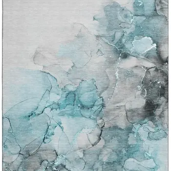 8' X 10' Teal Gray And Ivory Abstract Washable Area Rug With UV Protection