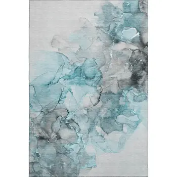 9' X 12' Teal Gray And Ivory Abstract Washable Area Rug With UV Protection