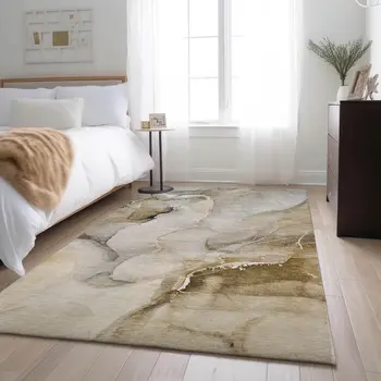 10' X 14' Beige And Ivory Abstract Washable Area Rug With UV Protection
