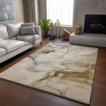 10' X 14' Beige And Ivory Abstract Washable Area Rug With UV Protection