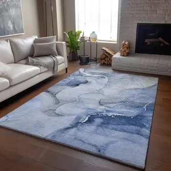5' X 8' Blue And Ivory Abstract Washable Area Rug With UV Protection