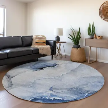 8' Blue And Ivory Abstract Washable Round Rug With UV Protection