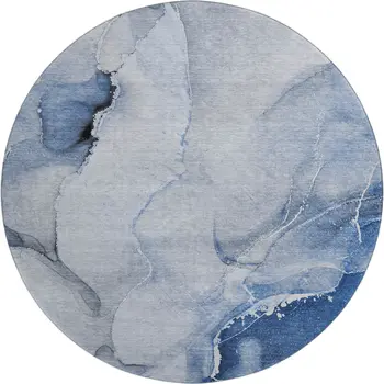 8' Blue And Ivory Abstract Washable Round Rug With UV Protection