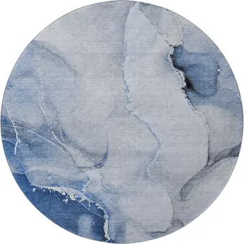 8' Blue And Ivory Abstract Washable Round Rug With UV Protection