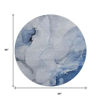 8' Blue And Ivory Abstract Washable Round Rug With UV Protection