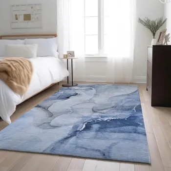 10' X 14' Blue And Ivory Abstract Washable Area Rug With UV Protection