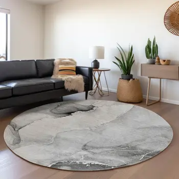 8' Gray And Ivory Abstract Washable Round Rug With UV Protection